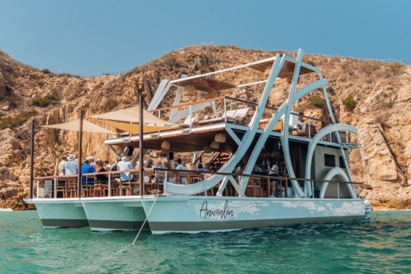 49-foot special event catamaran with a sculptural canopy anchored beside desert cliffs