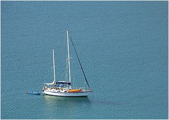 41-foot sailboat on calm blue water seen from above