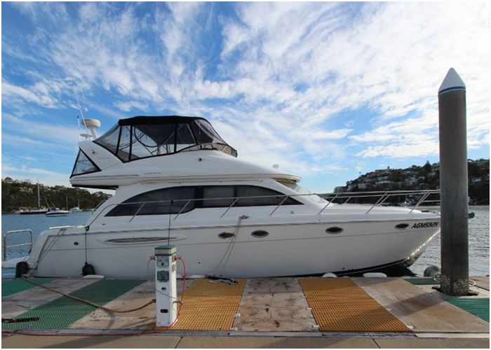 Meridian motor yacht tied up at a marina dock
