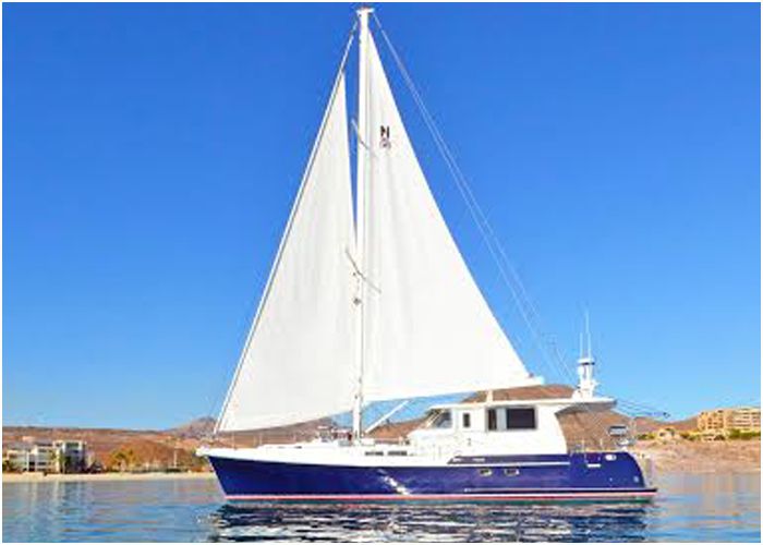 Sailboat with a blue hull under full sail