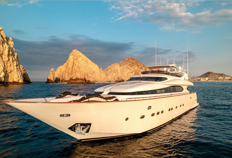 100-foot Maiora superyacht near the rocks of Land's End