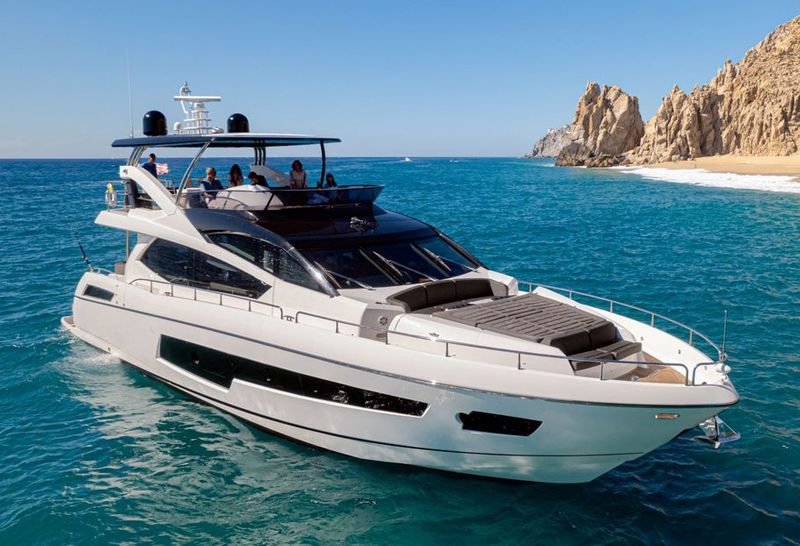 88-foot Sunseeker yacht at anchor off the coast
