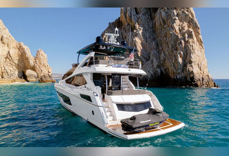 88-foot Sunseeker anchored beside the rock formations of Land's End